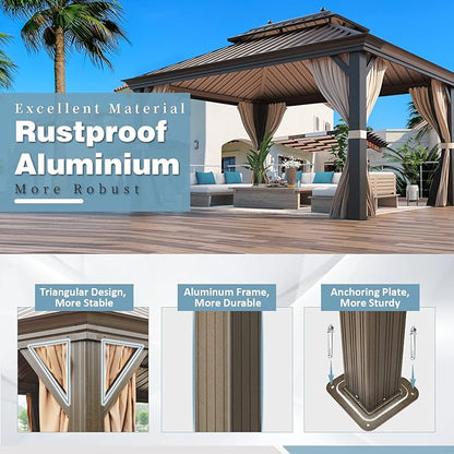 MELLCOM 12'x16' Hardtop Gazebo, Galvanized Steel Double Roof Canopy with Aluminum Frame, Permanent Metal Pavilion Gazebos with Netting and Curtains for Patio, Gardens and Lawns