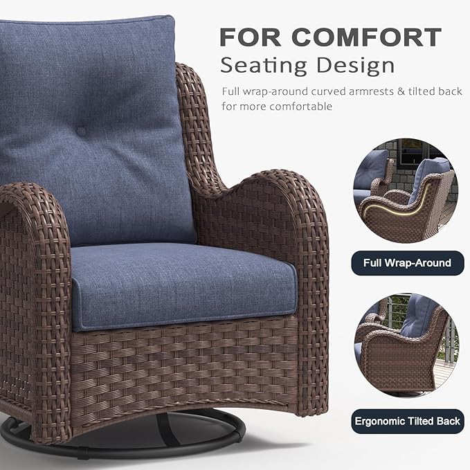 LayinSun 8 Pieces Outdoor Patio Furniture Set with Fire Pit Table, Rattan Wicker Sectional Swivel Rocker Chairs Sets with Ottomans, Swivel Glider Chair and Coffee Table