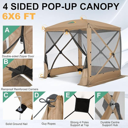 COBIZI 6x6 Pop up Gazebo Tent on Clearance, Ez up Waterproof Screen Tent Screen House with 3 sidewalls,Portable Outdoor Canopy with Carry Bag & Ground Stakes for Camping,Garden and Picnics, Khaki
