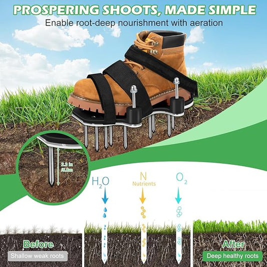 NAZZO Upgrade Lawn Aerator Shoes, Patented Double Layer Lawn Shoes, Aluminum Soleplate Spring-Loaded Design, No Dirt on The Shoes, Soil Yard Aerator Tool for Aerating Patio Garden, Black