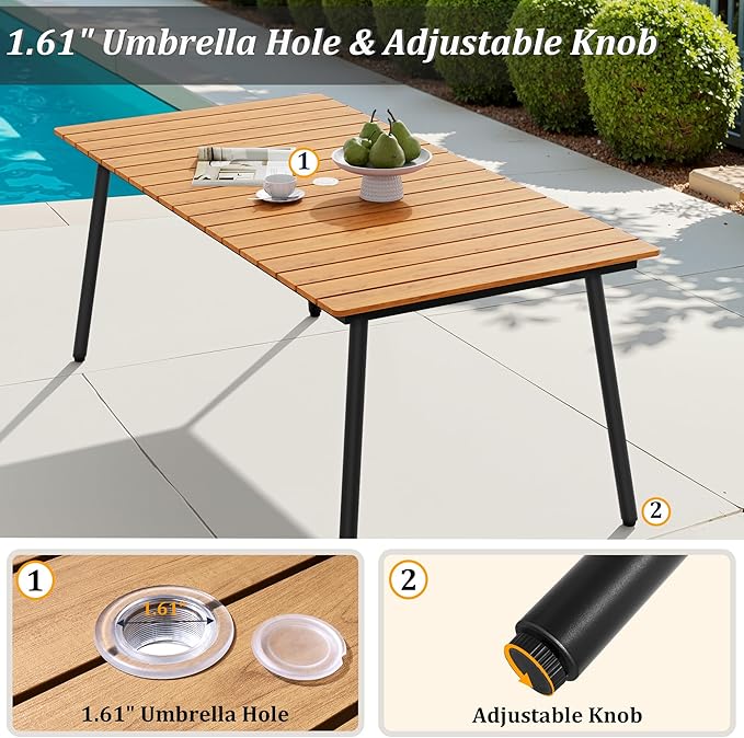 Outdoor Dining Table for 6, 70inch Patio Dining Table with Wooden-Like Top and Aluminum Frame, Rectangular Table with Umbrella Hole Outdoor Furniture, Brown