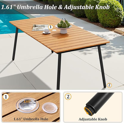 Outdoor Dining Table for 6, 70inch Patio Dining Table with Wooden-Like Top and Aluminum Frame, Rectangular Table with Umbrella Hole Outdoor Furniture, Brown