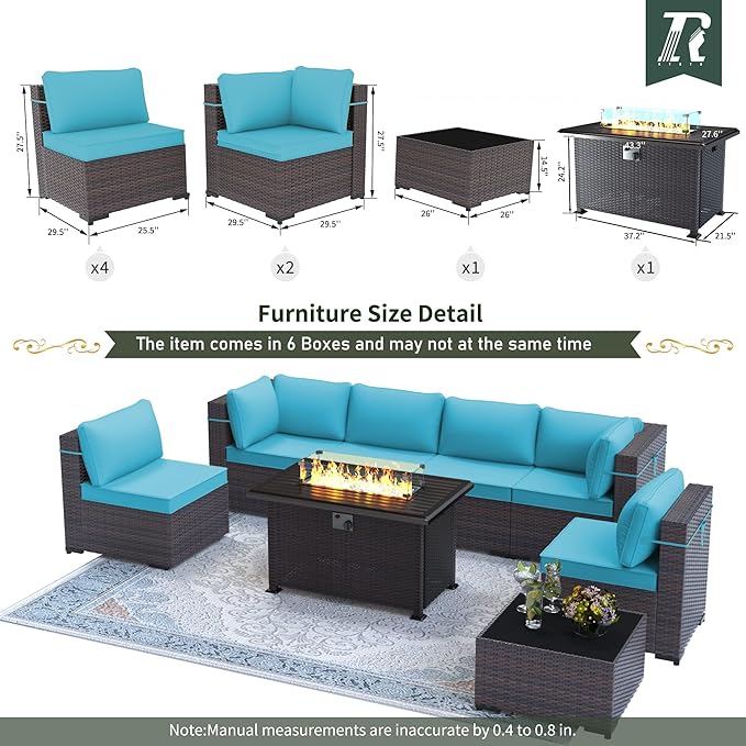 Outdoor Patio Furniture Set with Propane Fire Pit Table, 8 Pcs Outdoor Furniture Patio Sectional Sofas Conversation Sets w/ETL Approved 43" Gas Outdoor Fire Table & Coffee Table Turquoise