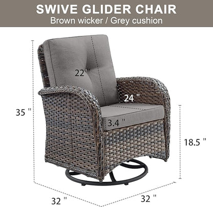 2 in 1 Porch Glider Swivel Chair - Wicker Patio Furniture Outdoor Swivel Rocker Chair with Thick Cushion, 300 Lb Weight Capacity Patio Swivel Glider Seating - Brown Wicker, Grey Cushion