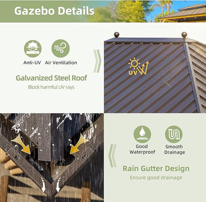 YOLENY 12' X 16' Hardtop Gazebo Galvanized Steel Outdoor Patio Gazebos Canopy Permanent Gazebo with Single Roof Aluminum Frame, Netting & Curtains for Garden, Patio, Lawns, Deck