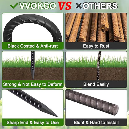 VVOKGO Rebar Stakes 12 Inches J Hook Heavy Duty Chain Link Fence Stakes, 32 Pcs Metal Long Tent Spikes Ground Anchors for Wire Fencing, Dogs Digging, Camping Tents, Swings, Greenhouse, Black