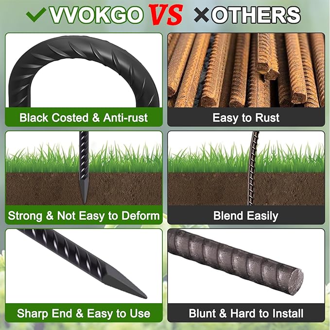 VVOKGO Rebar Stakes 24 Inch J Hook Heavy Duty Ground Anchors (8pcs), 3/8 Inch Diameter Metal Steel Extra Long Fence Stakes with Chisel Point End for Greenhouse, Gazebo, Carport, Camping Tents, Black