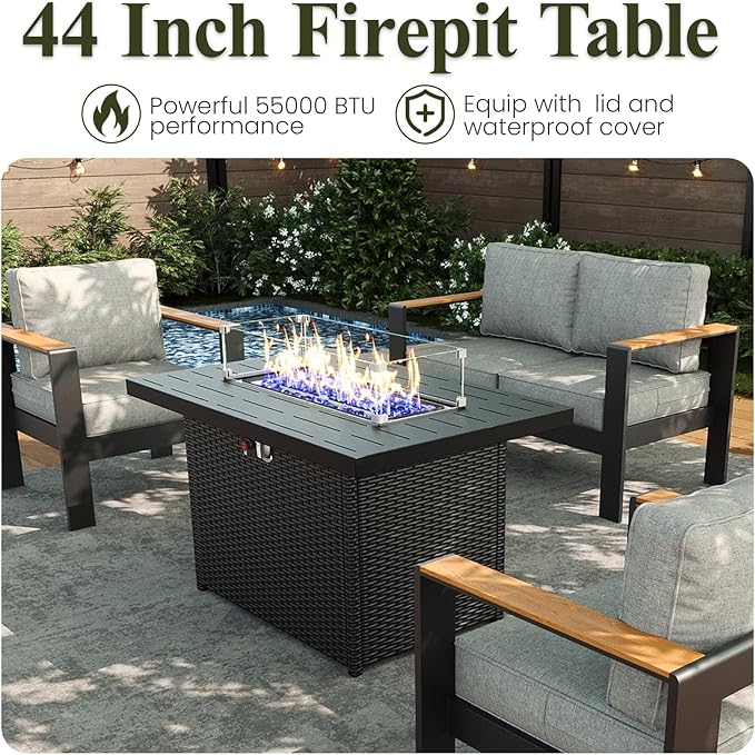 LayinSun 5 Piece Aluminum Outdoor Furniture Set with Fire Pit Table, Outside Patio Deep Seating Conversation Set with Upgraded Washable Thick Cushion