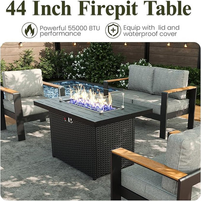 LayinSun 4 Piece Aluminum Outdoor Furniture Set with Fire Pit Table, Outside Patio Deep Seating Conversation Set with Upgraded Washable Thick Cushion