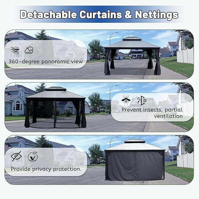 Outdoor Hardtop Gazebo for Patio 12x14FT with Resin-Galvanized Steel Roof, Metal Hard Top Gazebo with Gutters, Heavy Duty Gazebos All Season with Curtains & Netting, for Deck, Backyard, Hot Tub