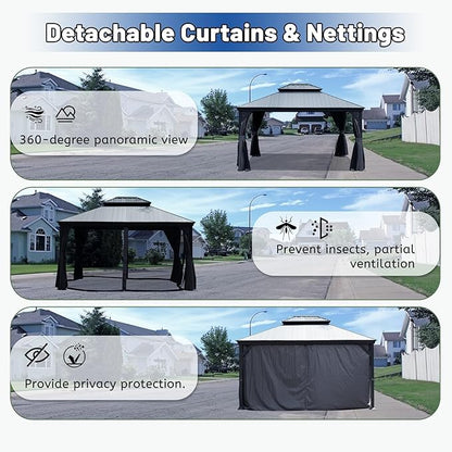Outdoor Hardtop Gazebo for Patio 10x12FT with Resin-Galvanized Steel Roof, Metal Hard Top Gazebo with Gutters, Heavy Duty Gazebos All Season with Curtains & Netting, for Deck, Backyard, Hot Tub