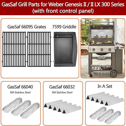 GasSaf 18.75" Grill Grates for Weber Genesis II/LX 300 Grills, Cast Iron Grates for Genesis II E/S 310 315 320 325 340, Replacemenet Parts for Weber 66095 66802 66805 (18.75"x13.25" Each), 2-Pack