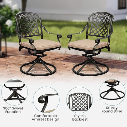 Set of 8 Cast Aluminum Patio Chairs with Cushions, All-Weather Aluminum Outdoor Swivel Chairs, Metal Outdoor Rocking Chairs for Backyard, Poolside and Bistro (Khaki, 8 Pieces)