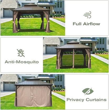 Domi 10' x 12' Hardtop Gazebo Permanent Metal Gazebo with Galvanized Steel Double Roof, Curtains and Netting for Party, Wedding, Outdoor Dining, Patio, Backyard, Brown
