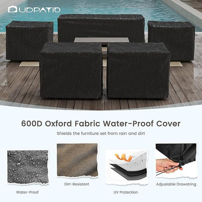 UDPATIO 6 Piece Aluminum Patio Furniture Set 7 Seats Modern Outdoor Furniture Faux Wood Grain Patio Conversation Sets with Olefin Fabric Thick Cushions, 600D Waterproof Cover Included, Dark Grey