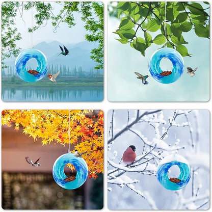 VCUTEKA Bird Feeder Solar Fly Through Birds Feeders for Outside Hanging with Round Shape Glass Container to Attract More Wild Birds for Garden Decor, Solar Birdfeeder as Gift for Bird Lovers, 8-Inch