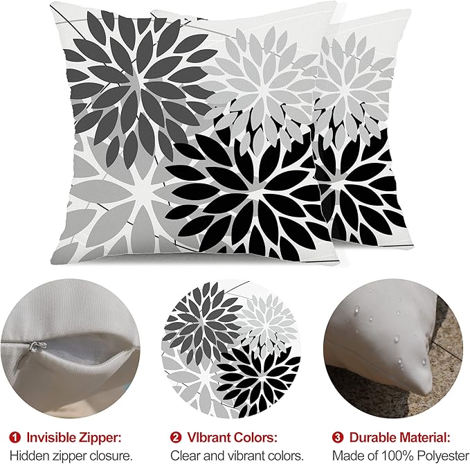DFXSZ Outdoor Throw Pillow Covers 20x20 Inch Set of 2 Waterproof Spring Summer Geometric Elegant Black Grey Outdoor Pillow Covers for Patio Funiture Garden Couch 158X20