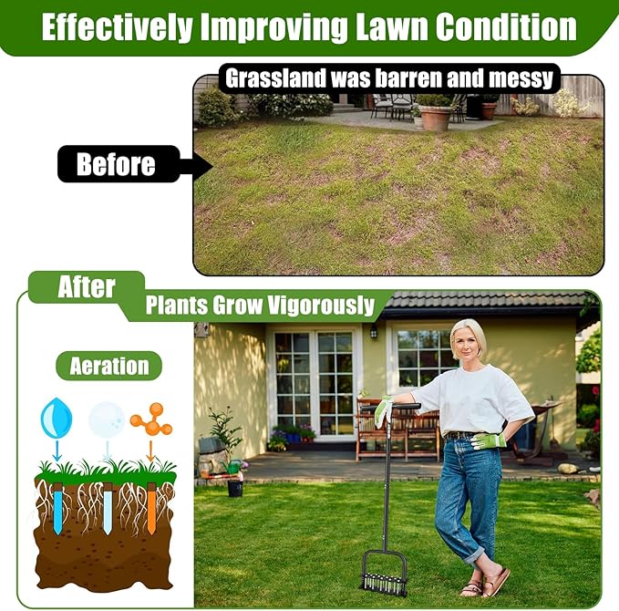 Manual Aerator Lawn Tool with Spring Base and 14 Steel Spike,Automatic Dirt and Leaf Clean,Grass Aerator for Loosening Soil in Yard, Gardan, Patio, Pre-Assembled Lawn Aerator Installation Kit