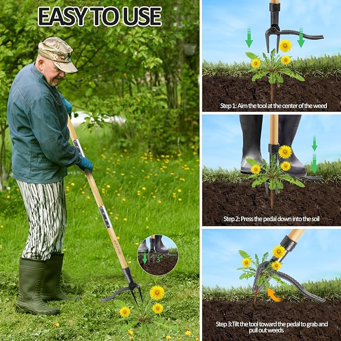 Weeder - Stand Up Weed Puller Tool with Long Handle - Real Bamboo & 4-Claw Steel Head Weeder Tool, Weeding Tool Weed Remove Tool for Lawn/Yard, Easily Remove Weeds Without Kneeling