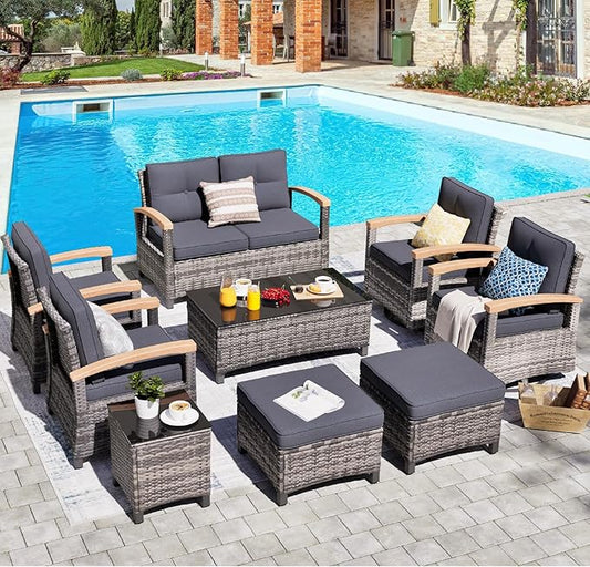 MEISSALIVVE 9 Pieces Outdoor Patio Furniture Sets,PE Wicker Patio Conversation Sets with 2 Wood Armrests Swivel Rocker Chairs,2 Single Chairs, 2-seat Sofa and Coffee Table(Grey)