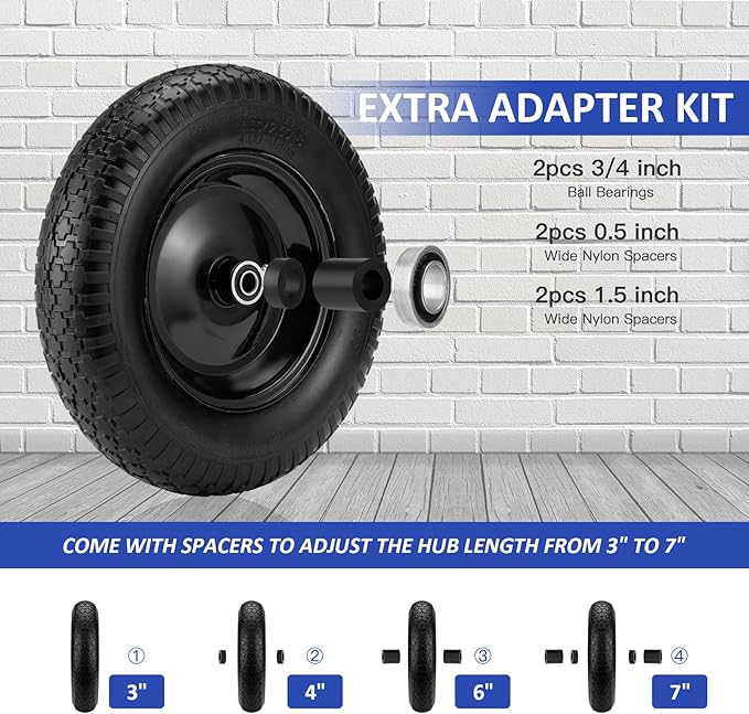 4.80/4.00-8" Flat Free Wheelbarrow Tire, 14.5" Wheel Size, 5/8" Axle Bore, 3" Center Hub, 3/4" Bearings, Universal Replacement Solid Tire for Hand Truck/Cart (Black)