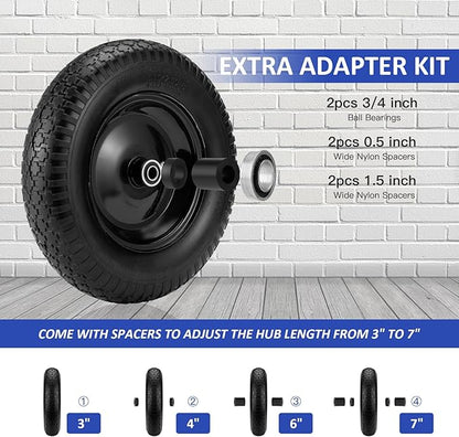 4.80/4.00-8" Flat Free Tire and Wheel 14.5" Wheelbarrow Tire,with 5/8" Axle Bore Hole,3"Center Hub and 3/4" Bearings,Universal Replacement Solid Tire for Hand Truck/Utility Cart/Garden Cart