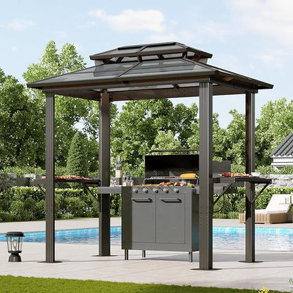 Aoxun 8'x5' Hardtop Grill Gazebo, Outdoor Barbecue Gazebo with Double Polycarbonate Top & 2 Side Shelves & Hooks, Aluminum Grill Canopy for Patio, Lawn, Garden (Brown)