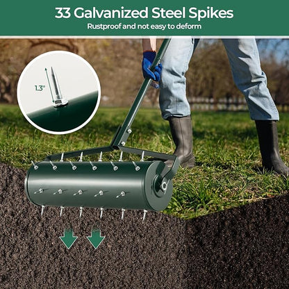 S AFSTAR 21" Manual Lawn Aerator, Heavy Duty Rolling Aerator Lawn Tool Filled Sand Stone with 51" Detachable Handle & Tine Spikes for Soil Loosening, Push Grass Aeration for Garden Yard