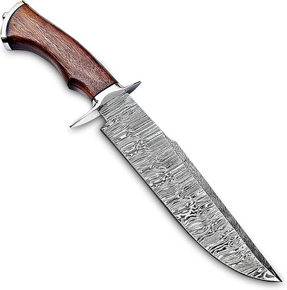 Handmade Damascus Bowie Knife 14″ Hunting Knife With Sheath - Fixed Blade Bushcraft Knife With Wood Handle - Ideal For Chopping, Camping Outdoor Use