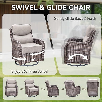 HUMMUH Outdoor Patio Wicker Swivel Rocker Chairs with 6-Inch Thick Cushion High Back 3 PCS Wicker Conversation Set for Porch Balcony Deck