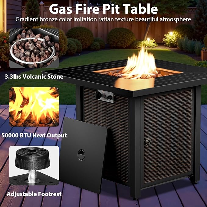 7 Piece Patio Furniture Set with Fire Pit Table - Wicker Patio Conversation Set with Swivel Glider, Glider Loveseat, Side Table and 2 Ottomans for Deck Backyard - Brown Wicker Grey Cushion