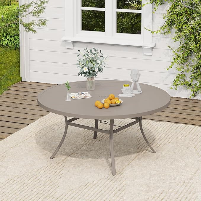 VICLLAX Outdoor Patio Round Dining Table, 53"x 53" Metal Slatted Round Tabletop with Adjustable Umbrella Hole for Deck Lawn Garden Backyard, Sandshell