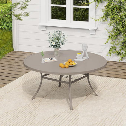 VICLLAX Outdoor Patio Round Dining Table, 53"x 53" Metal Slatted Round Tabletop with Adjustable Umbrella Hole for Deck Lawn Garden Backyard, Sandshell