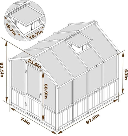 Mupater 6 x 8 FT Wooden Polycarbonate Greenhouse with Ventilated Window and Lockable Door, Walk-in Greenhouse for Backyard
