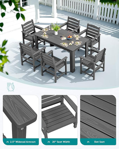 SERWALL Patio Dining Set for 6, Outdoor Dining Sets for 6 Person with 1 Umbrella Hole Cut-Out Rectangular Table and 6 Chairs, HDPE Dining Sets for Garden, Backyard, Poolside, Gray