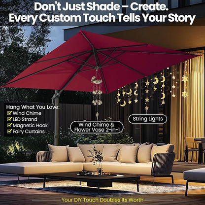 Hotime 10ft Patio Umbrella Outdoor Patio Windproof and Height adjustable, Heavy Duty Aluminum Square Offset Patio Umbrella Cantilever Pool Umbrella with 360°Rotation for Garden Deck Pool, Wine Red