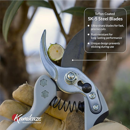 Kamikaze Pruning Shears, Professional Heavy Duty Handheld Clippers with Japanese Steel Titanium Blade, 1" Cutting Capacity, Ergonomic Handle Reduces Fatigue & Boosts Efficiency – Arthritis-Friendly