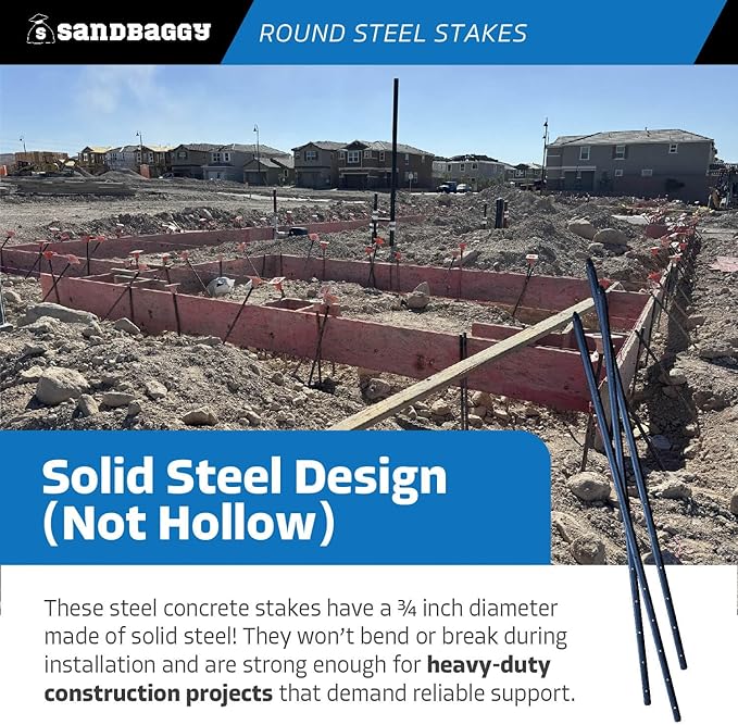 Sandbaggy Round Steel Concrete Form Stakes with Nail Holes - Rust Resistant Coating - Removable, Reusable (20, 3/4 in X 36 in)