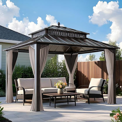 SUNJOY Kingston 12' x 10' Hardtop Gazebo with Galvanized Steel Double Roof, Curtain and Netting, Brown Aluminum Posts Permanent Pavilion Gazebo for Garden, Patio, Deck, Lawn