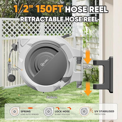 SILVEL Retractable Garden Hose Reel – 1/2 in x 150FT Heavy Duty Automatic Hose Reel Wall Mounted, Upgraded UV Resistant with 10 Pattern Nozzle, Any Length Lock & Slow Return System, 180°Swivel Bracket