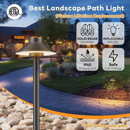 Gardenreet Solid Brass Landscape Path Lights - 12V Low Voltage Pathway Light IP65 Waterproof, Outdoor Walkway Fixture Hardwired, Hat-top Antique Bronze for Patio Lawn G4 Bulb Not Included (10 Pack)