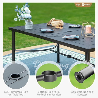 Sophia & William 64" Large Outdoor Dining Table, Rectangular Metal Patio Table for 6, E-Coating Weather-Resistant Dining Table with 1.77" Umbrella Hole for Garden Porch, Black