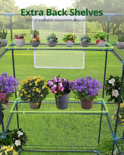 KING BIRD Premium Greenhouse for Outdoors, 56 x 56 x 77 Upgraded PVC Cover & Steel Frame Walk in Hot House, w/ Zippered Screen Windows Mesh Door, 3 Tiers 14 Shelves for Outside Garden, Clear