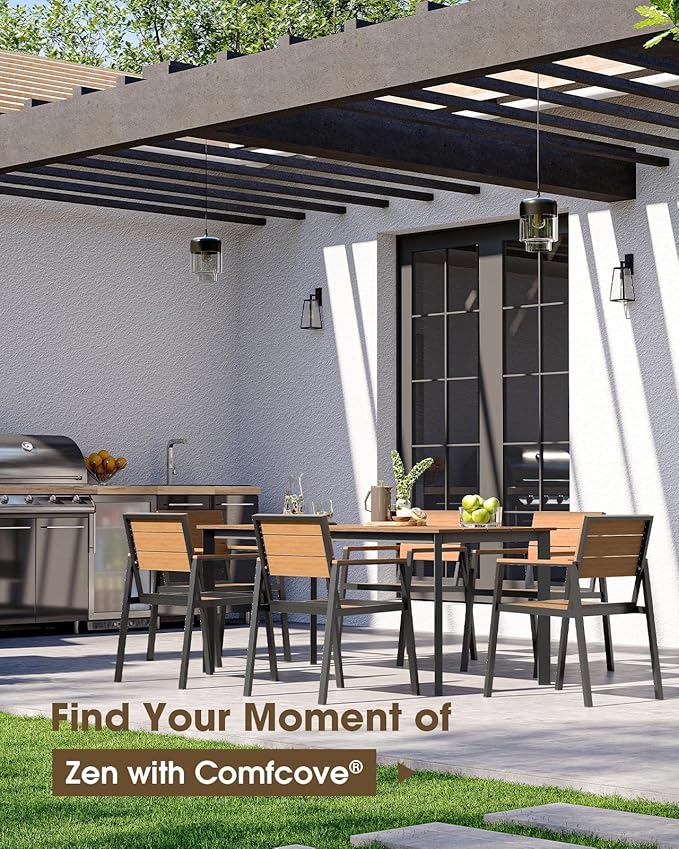Patio Outdoor Dining Set for 6, Aluminum 7 Piece HDPE Outdoor Table and Chairs Set with Umbrella Hole, Modren Rectangular Patio Furniture Set with All-weather Table and 6 Chairs (Gray & Teak)