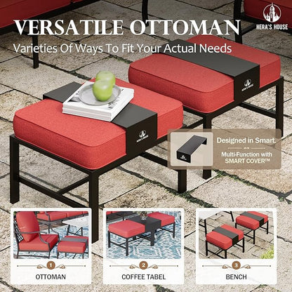 HERA'S HOUSE 6 Piece Patio Furniture Set, 2 x Swivel Cushioned Chair, 2 x Cushioned Ottoman, 1 x 3-Seat Sofa with Marbling Coffee Table, Outdoor Conversation Set for Lawn Garden Backyard, Red