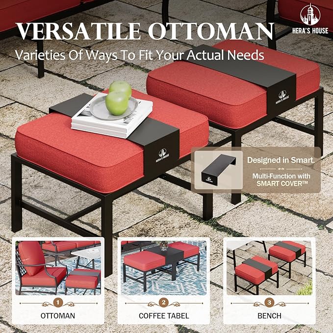 HERA'S HOUSE 6 Piece Patio Furniture Set, 2 x Rocking Cushioned Chair, 2 x Cushioned Ottoman, 1 x 3-Seat Sofa with Marbling Coffee Table, Outdoor Conversation Set for Lawn Garden Backyard, Red