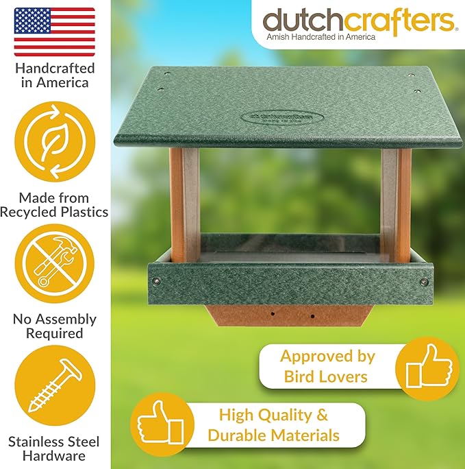 DutchCrafters Poly Large Hopper Bird Feeder Post Mount for 4" x 4", Wild Songbird Bird Seed Feeder for Outdoor, Outside, Garden, Yard - Amish Made in USA (Post Mount, Turf Green & Cedar)