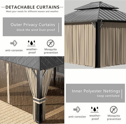 12x14ft Hardtop Gazebo Double Roof, Outdoor Pavilion with 2-Layer Hard top Galvanized Iron Frame Garden Tent, Suitable for courtyards, backyards, Decks, and Grass