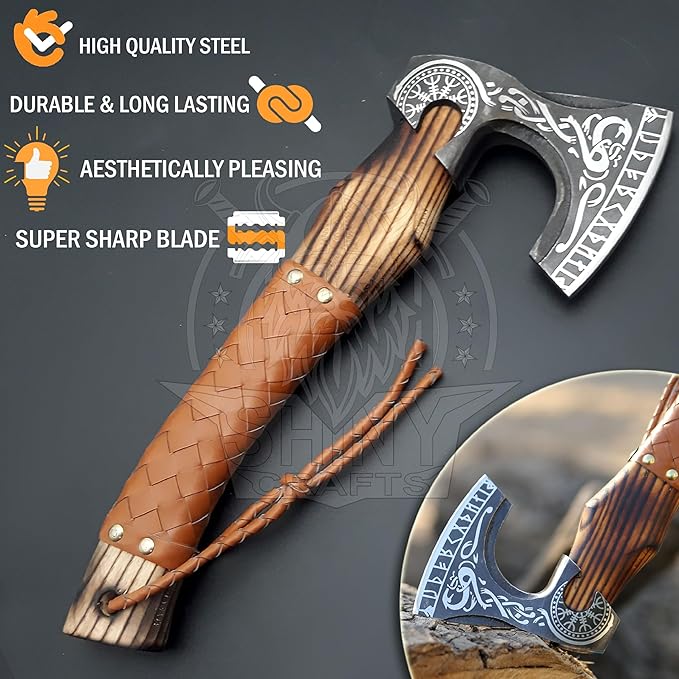 SHINY CRAFTS®- Custom Viking Hatchet – Rustic Gift for Men Handmade Axe for Camping, Groomsmen, Retirement, or Outdoor Enthusiasts (SCA-06)