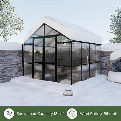 HOWE 8x8x7.5 FT Aluminum Greenhouses for Outdoors,Polycarbonate Greenhouse with 2 Vents Lockable Swing Door Rain Gutter,Walk-in Greenhouse for Backyard Plants,Green